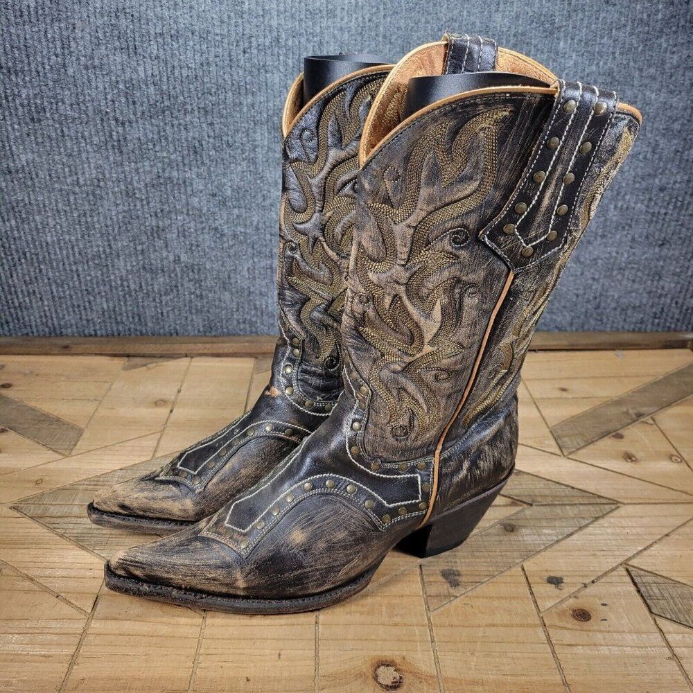 Stetson Women's 8.5 Black Brown Leather Studded Distressed Western Boots - Picture 2 of 9